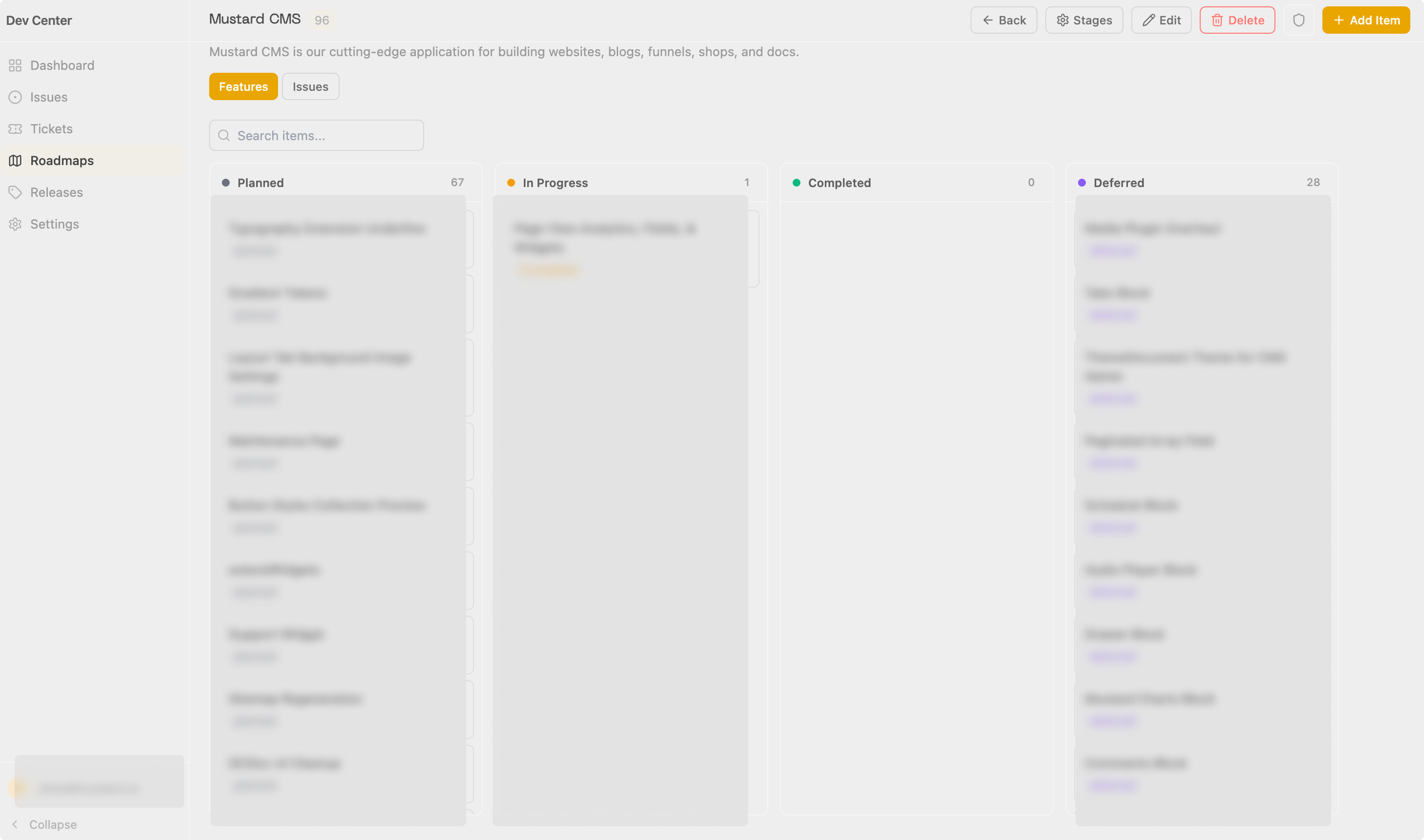 A view showing a product roadmap in Producer